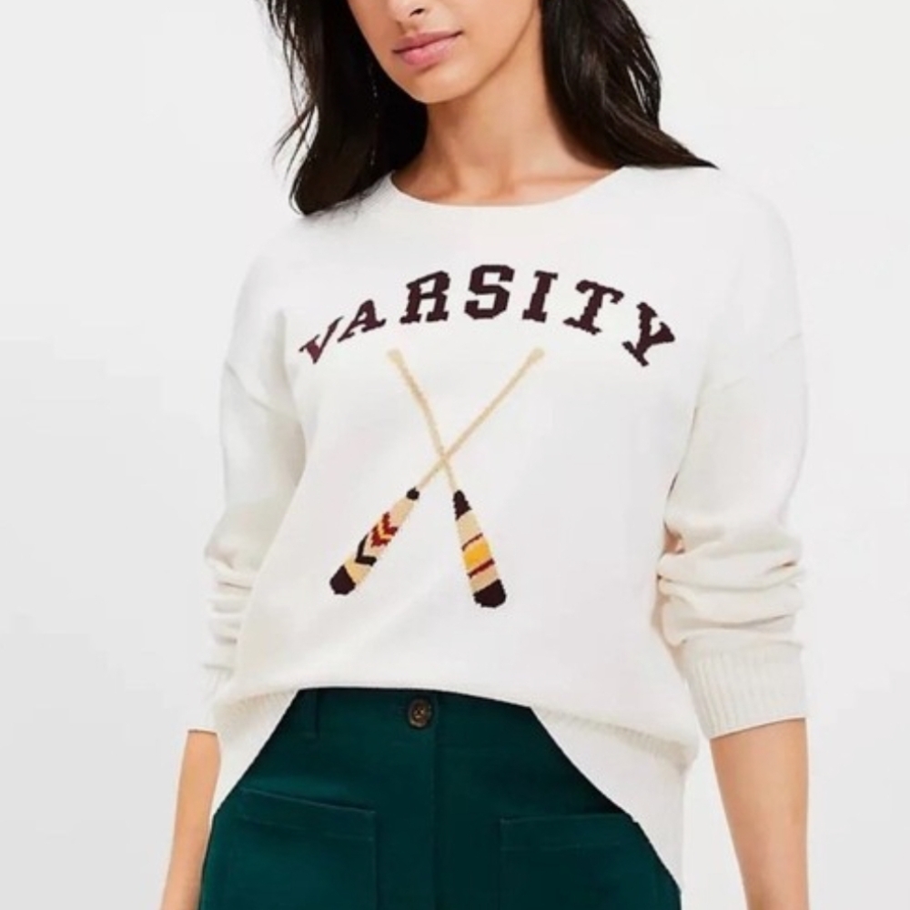 New Varsity Tennis Prep Lacrosse Women's Cream Crew Neck Loft Sweater Small